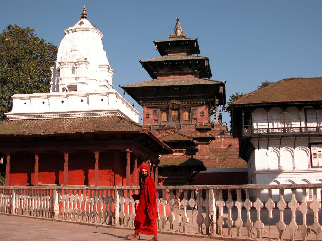 Manaslu 00 15 Kathmandu Durbar Square Kageshwor, Taleju Temple and Sundari Chowk Construction of the huge three-roofed Taleju Temple in 1564 heralded a new phase in the architecture of the Kathmandu Valley. It was the first temple erected with more than two roofs and the first to be raised on a tall stepped platform. On the left is the Kageshwor Temple, and on the right Sundari Chowk.